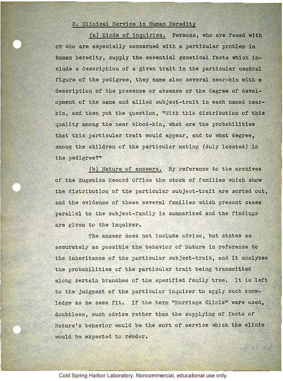 &quote;Proposed Clinic of Human Heredity,&quote; a plan prepared by Harry H. Laughlin as the basis for negotiations with the Carnegie Institution of Washington